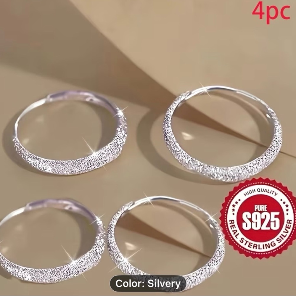 4pcs Sterling Silver Textured Hoop Earrings - Silver